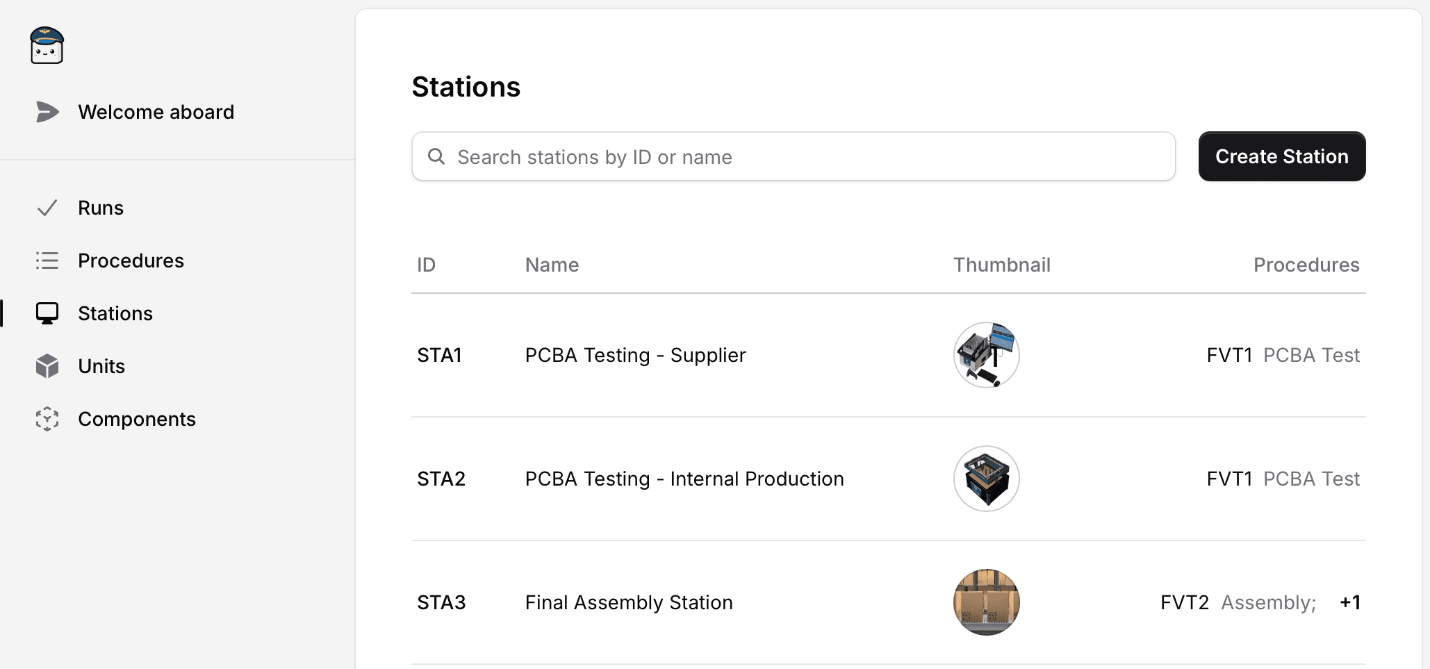 Screenshot of Test Stations TofuPilot feature. Displays a list of test stations with their name, ID, and associated procedure.