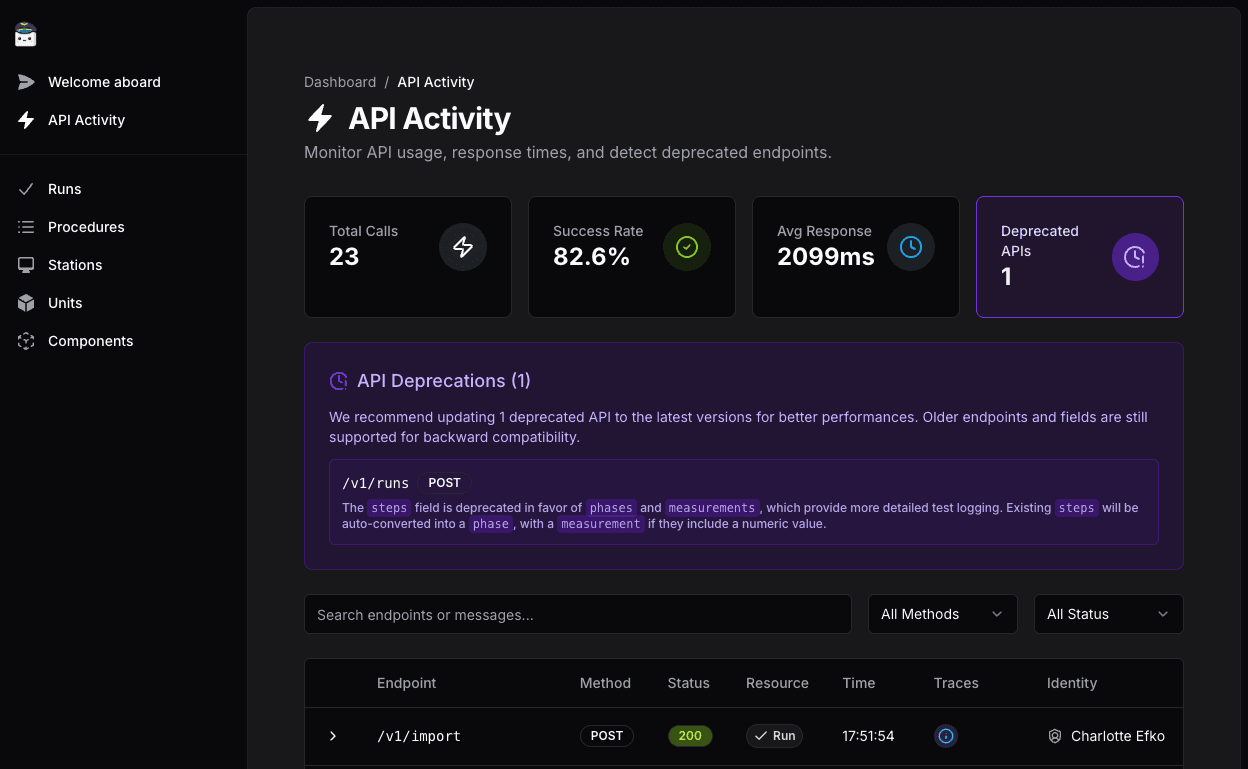 The new API Activity page of TofuPilot.