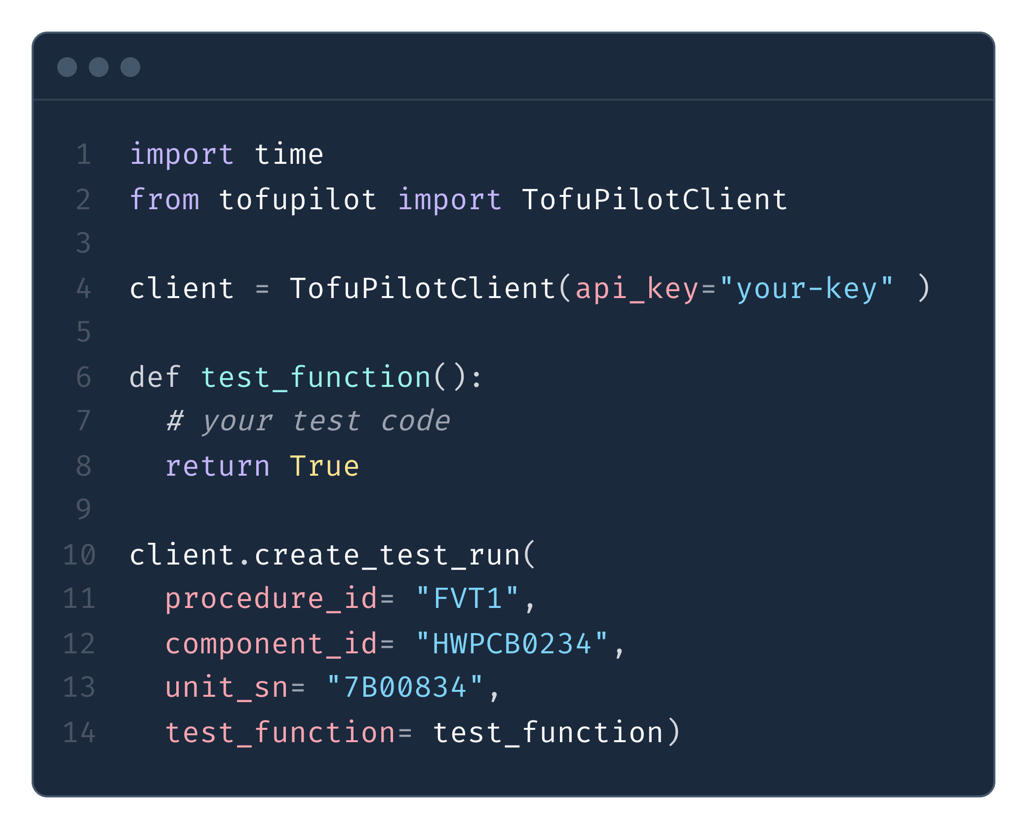 Python code example demonstrating TofuPilotClient SDK usage for creating units uploading test results and attachments via REST API