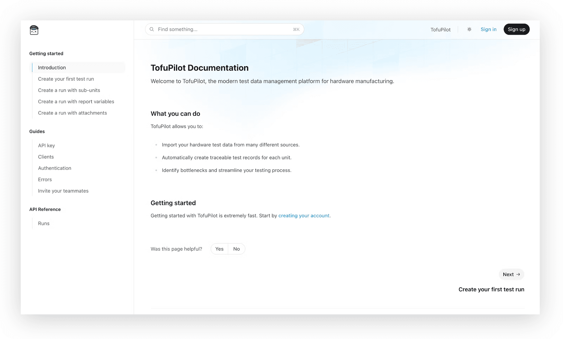TofuPilot documentation homepage featuring Getting Started guide with API examples and integration tutorials