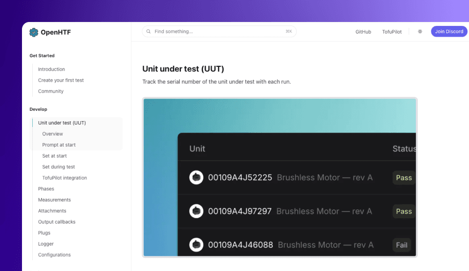 OpenHTF documentation website homepage showing comprehensive guides code examples and framework tutorials at openhtf.org