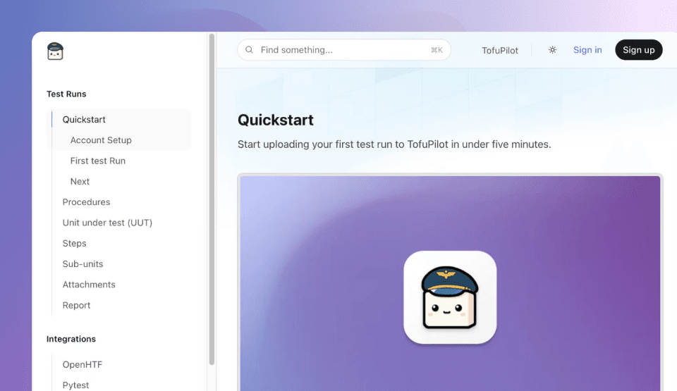 TofuPilot documentation quickstart section featuring step-by-step guides code examples and integration tutorials