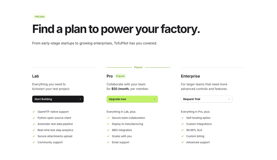 TofuPilot pricing page showing three plan tiers Lab free tier Pro plan at $50 per month and Enterprise plan with custom pricing
