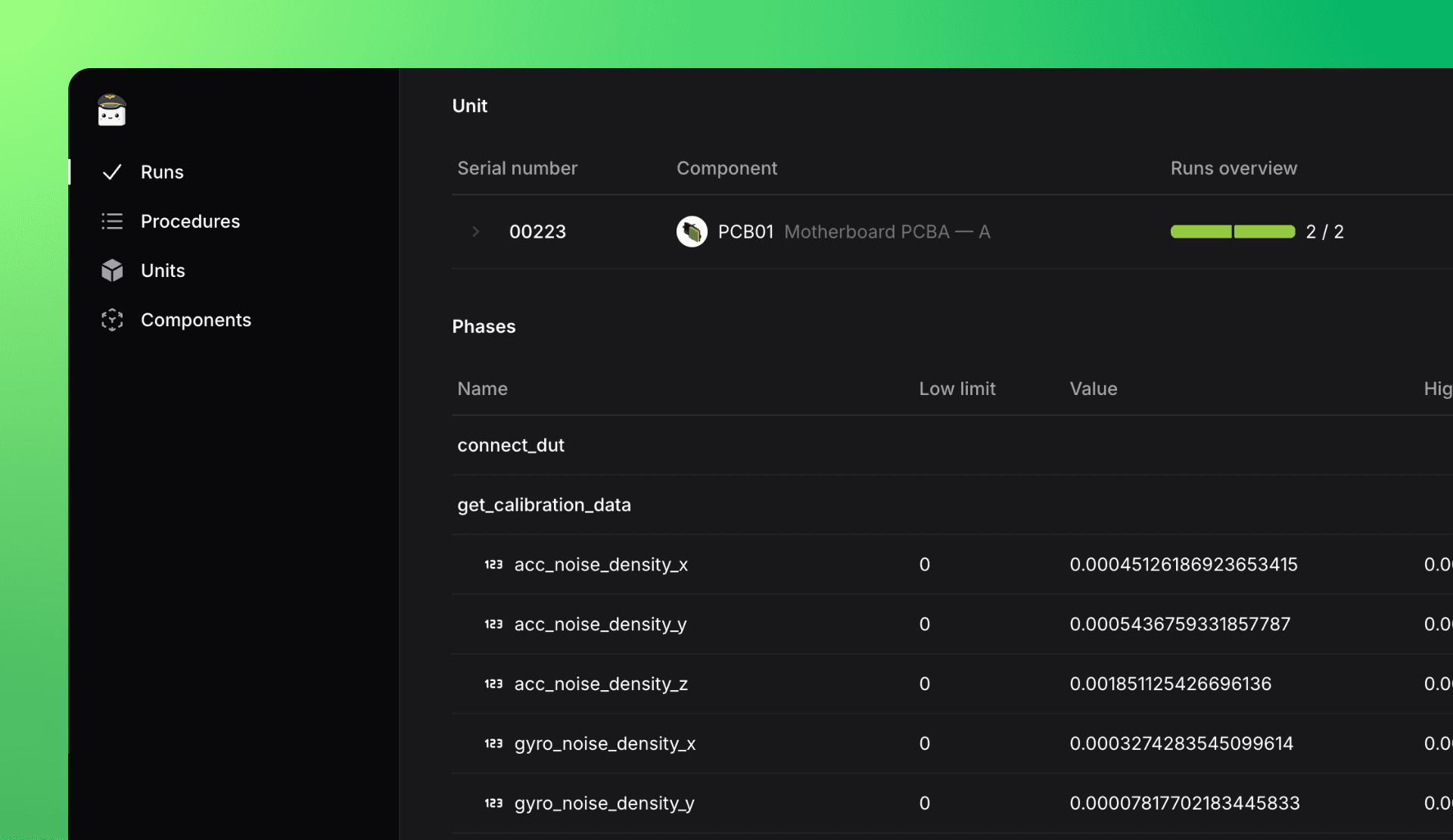 TofuPilot measurement analytics dashboard displaying voltage timeseries data with pass fail status and validation ranges