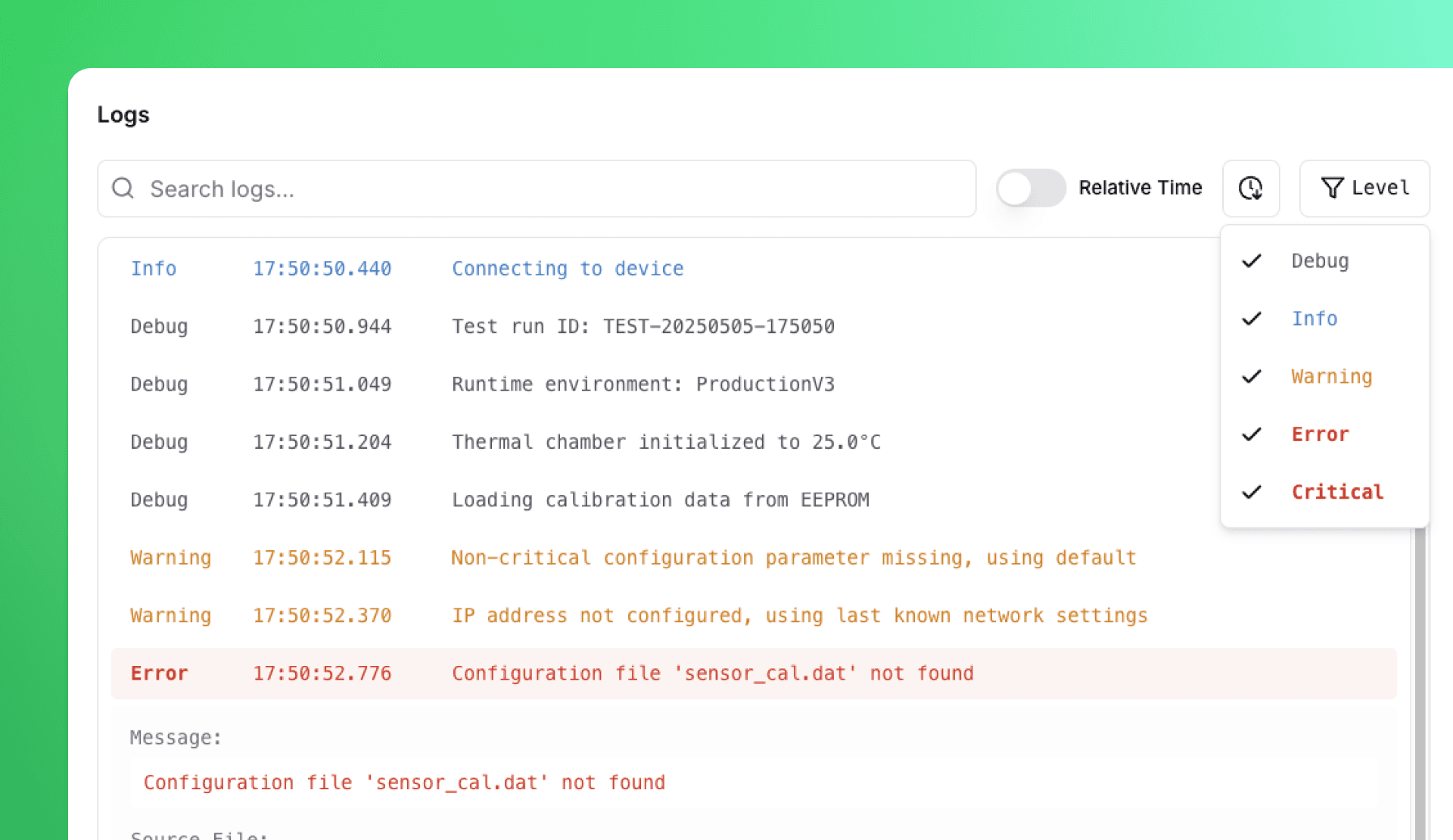 TofuPilot Logger UI screenshot showing log filtering and search capabilities
