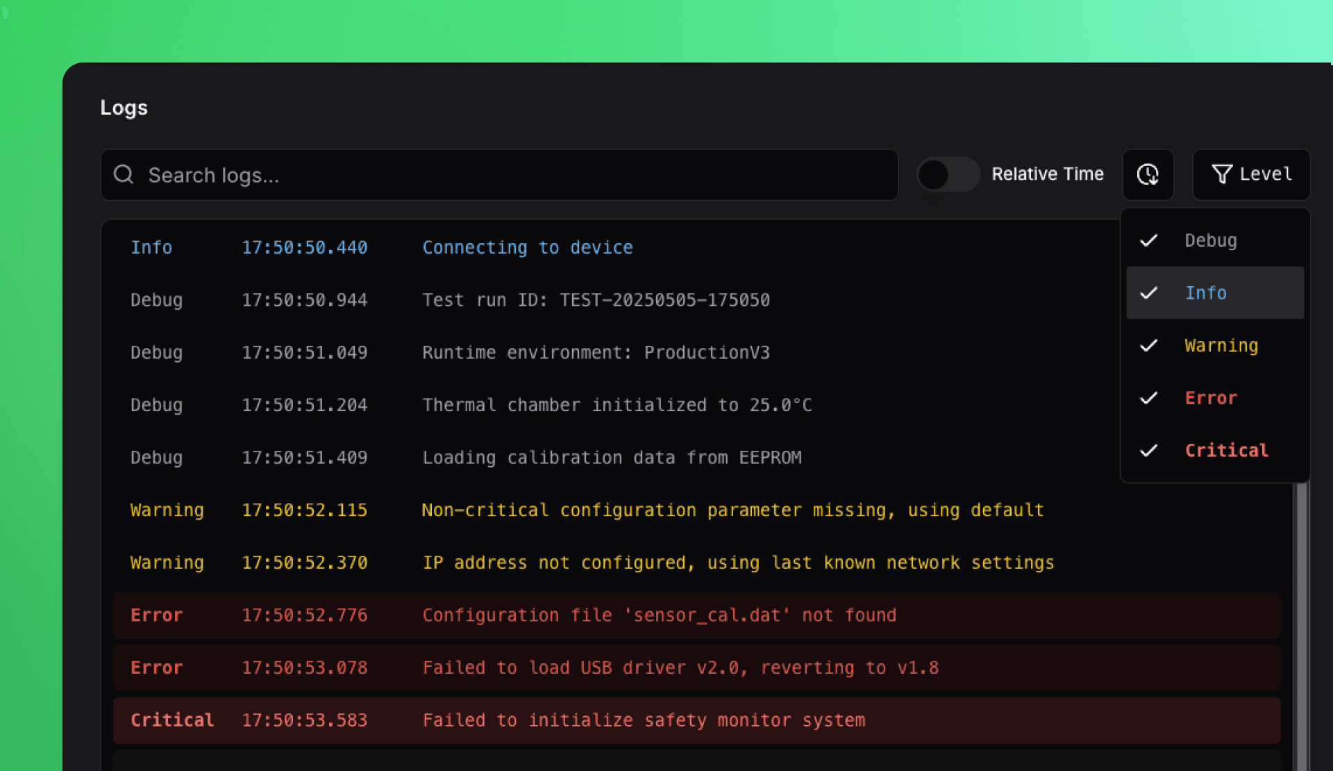 Screenshot of the TofuPilot Run page showing structured logs captured during a test, with filters for log level, keyword search bar, and visible metadata like timestamp, source file, and line number.