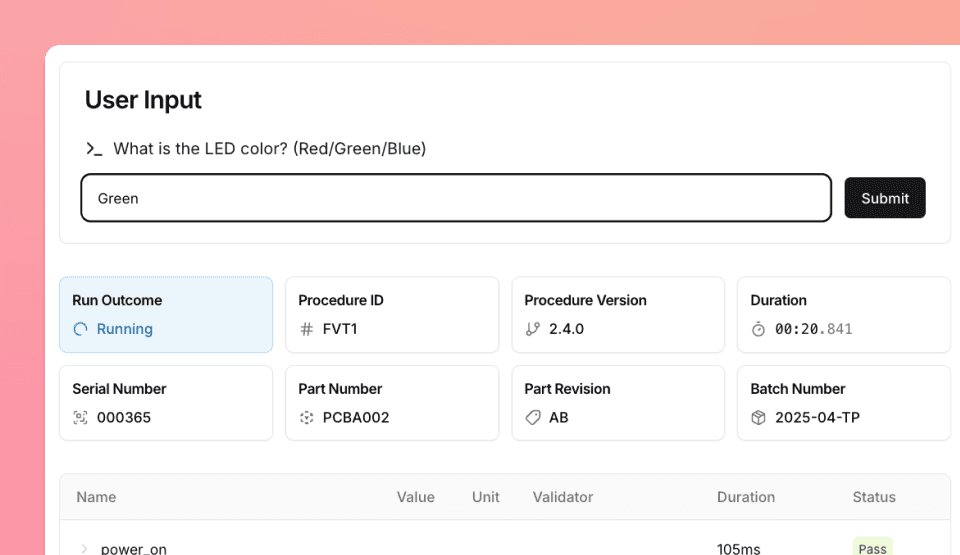 Screenshot of the TofuPilot Operator UI showing a live test in progress, with real-time logs, phase status, measurement updates, and a browser-based user input prompt.