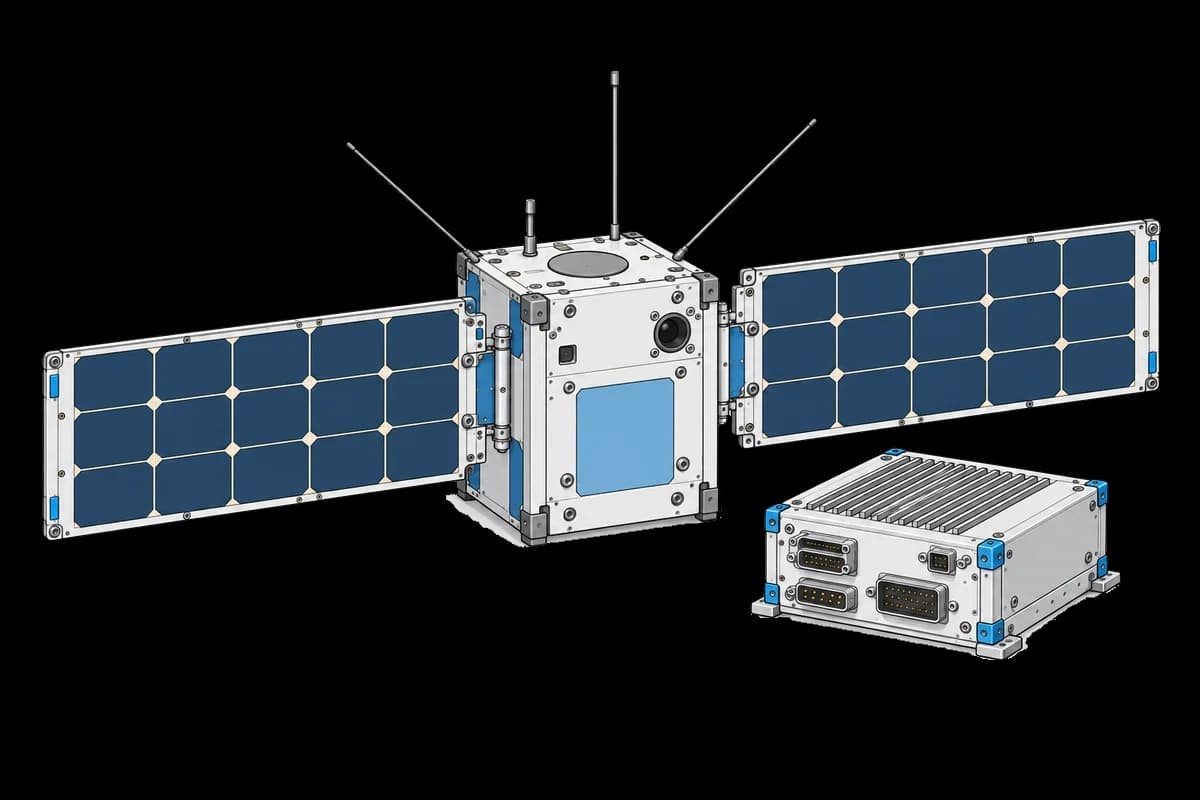 Satellite with extended solar panels beside an avionics module