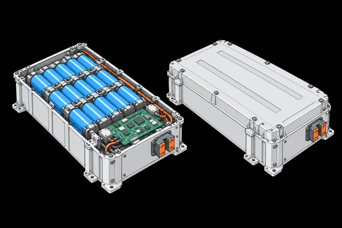 Open battery module with blue cylindrical cells and a circuit board beside a closed enclosure