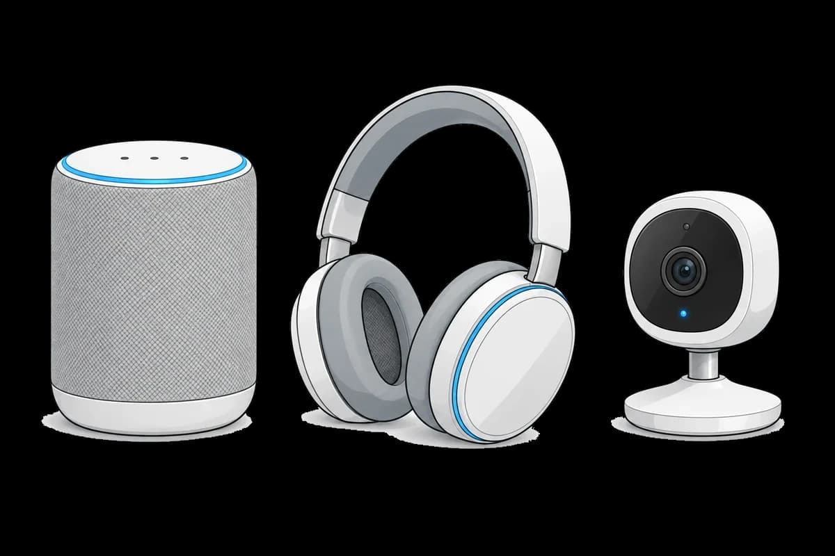 Smart speaker, over-ear headphones and a camera