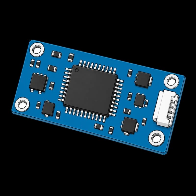 Blue control board with a central chip and white connector
