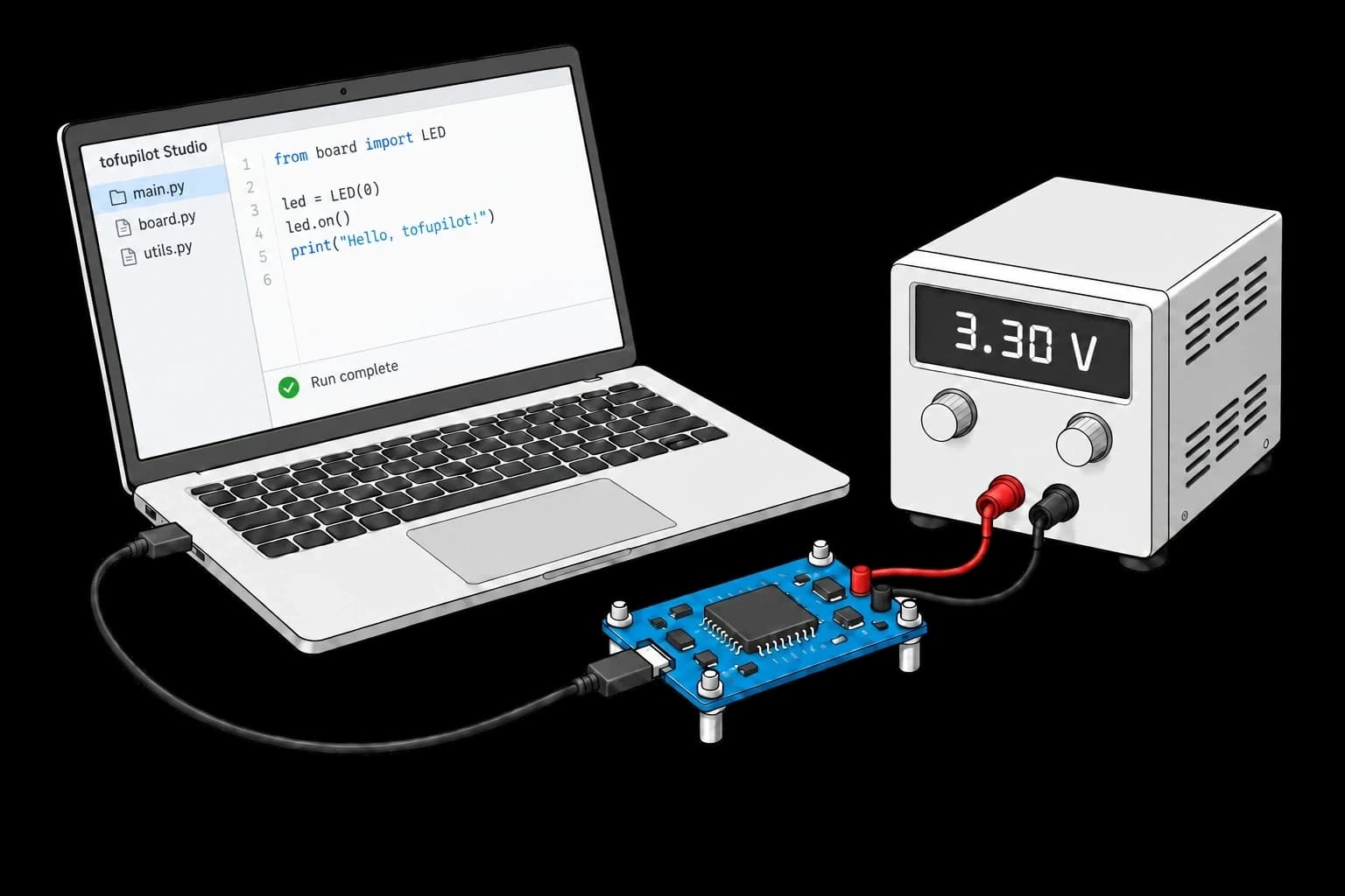 A laptop showing tofupilot Studio, connected to a sky-blue circuit board and a bench supply reading 3.30 volts