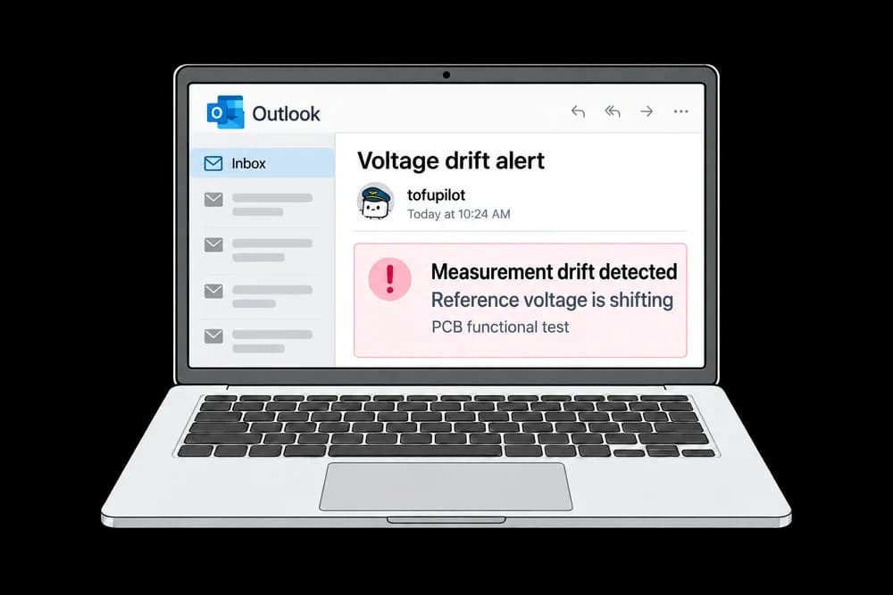 Full laptop showing an Outlook drift alert, with the tofupilot mascot as the email sender avatar