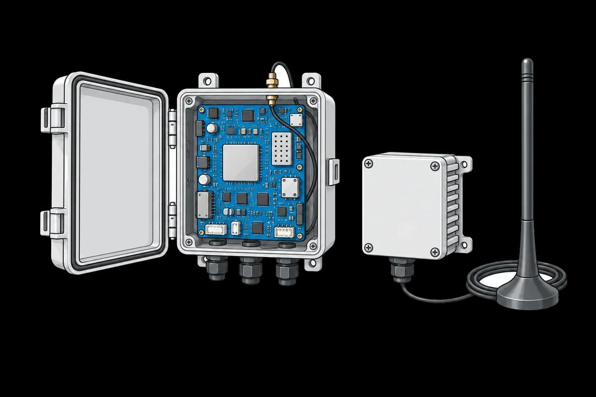 Open electronics enclosure with a blue circuit board, a sealed module and an antenna