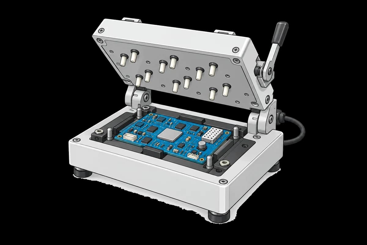 Blue circuit board mounted on a functional test fixture