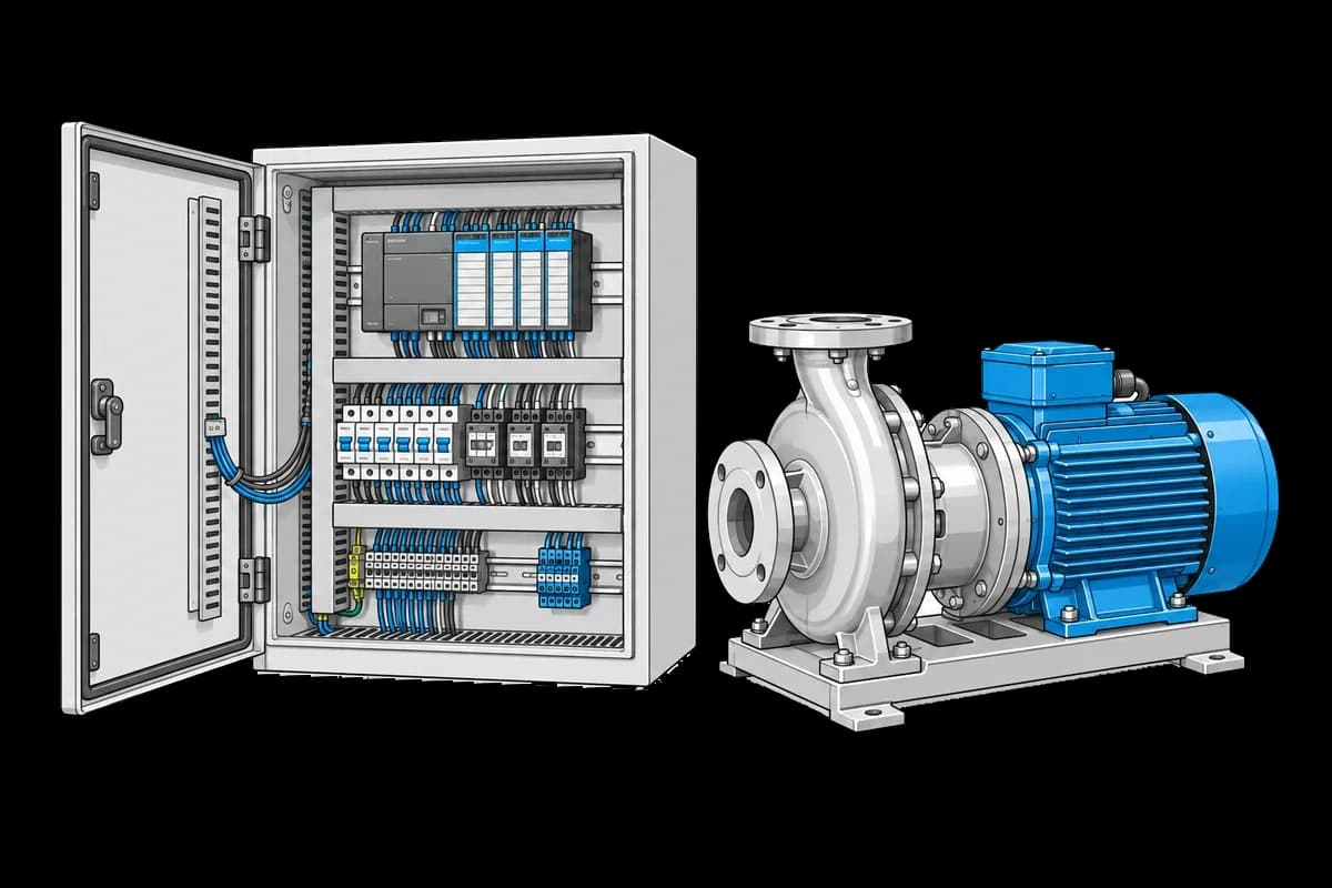 Open control cabinet beside an industrial pump and electric motor