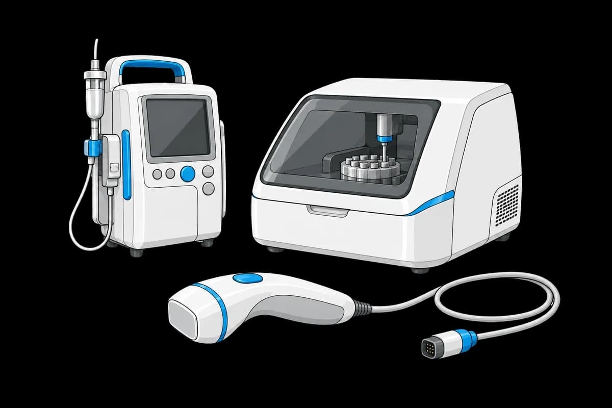 Medical instruments with displays, tubing and a handheld probe
