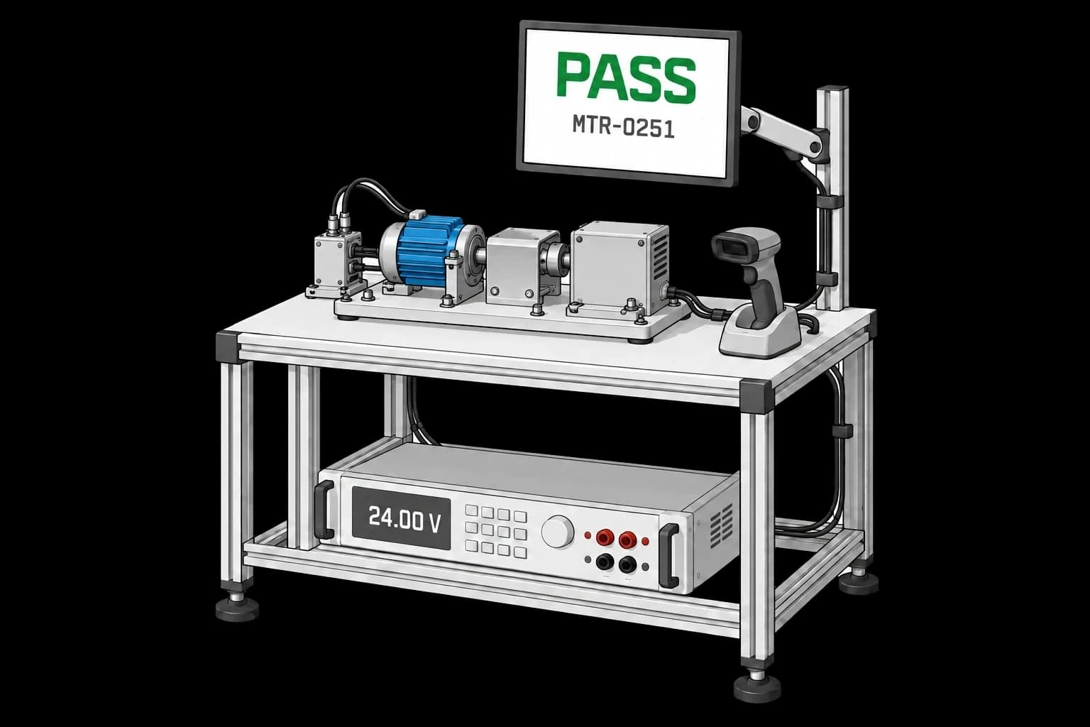 A motor test station with connected test equipment