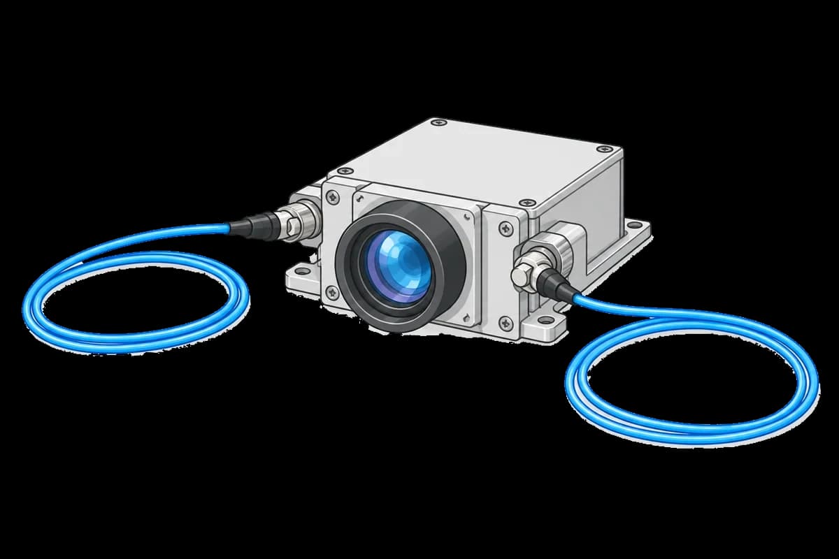 Optical module with a front lens and two blue fiber cables