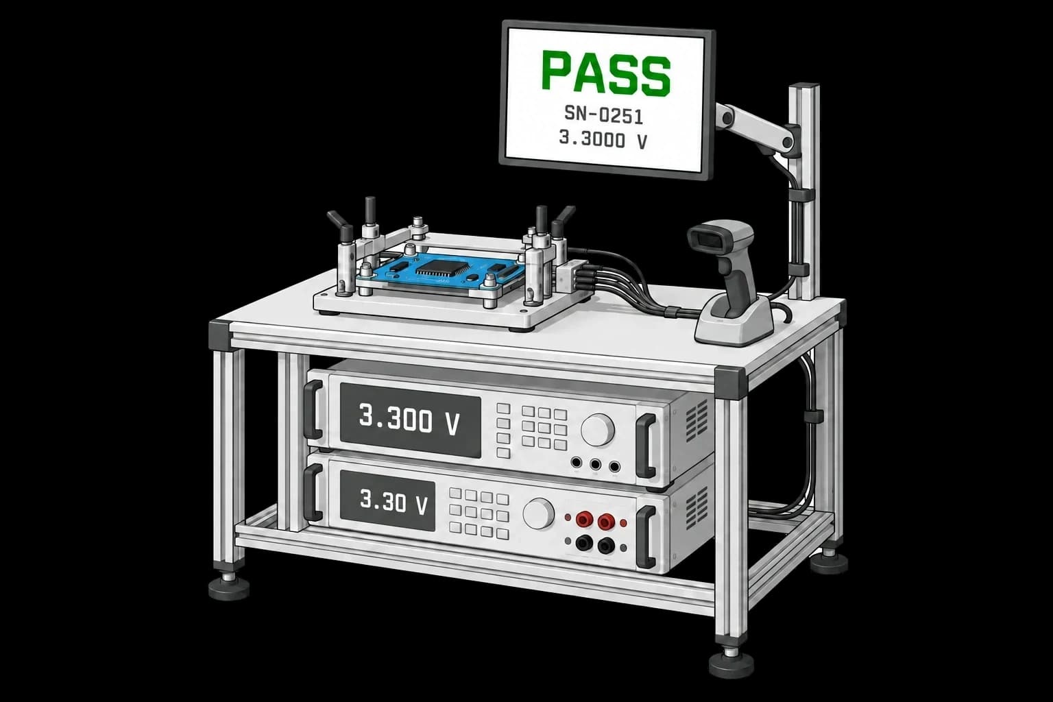 A blue control board in a test fixture with a barcode scanner and operator display