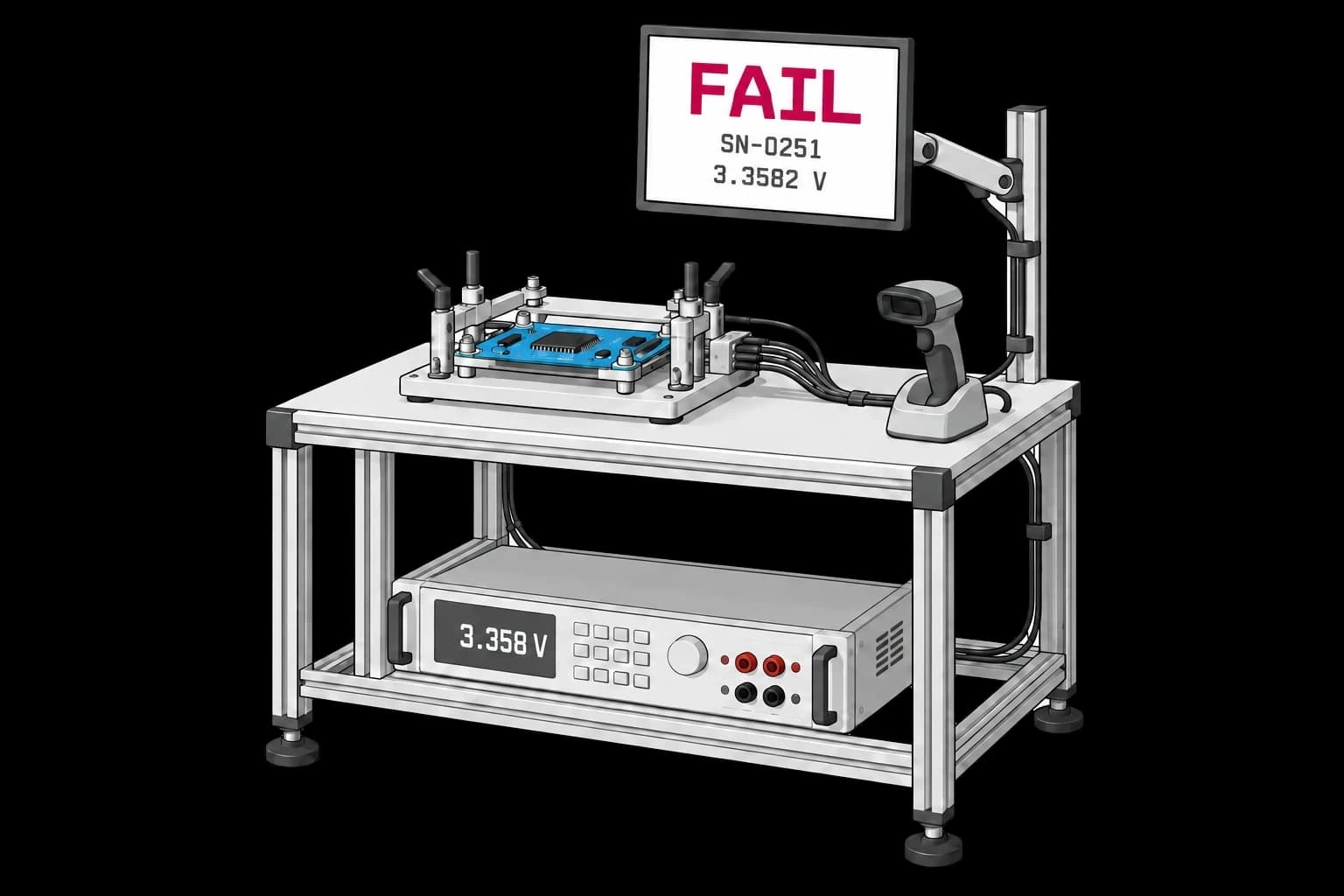 Production test station with a sky-blue board in its fixture, one rack-mounted power supply, and an operator screen showing FAIL at 3.3582 V