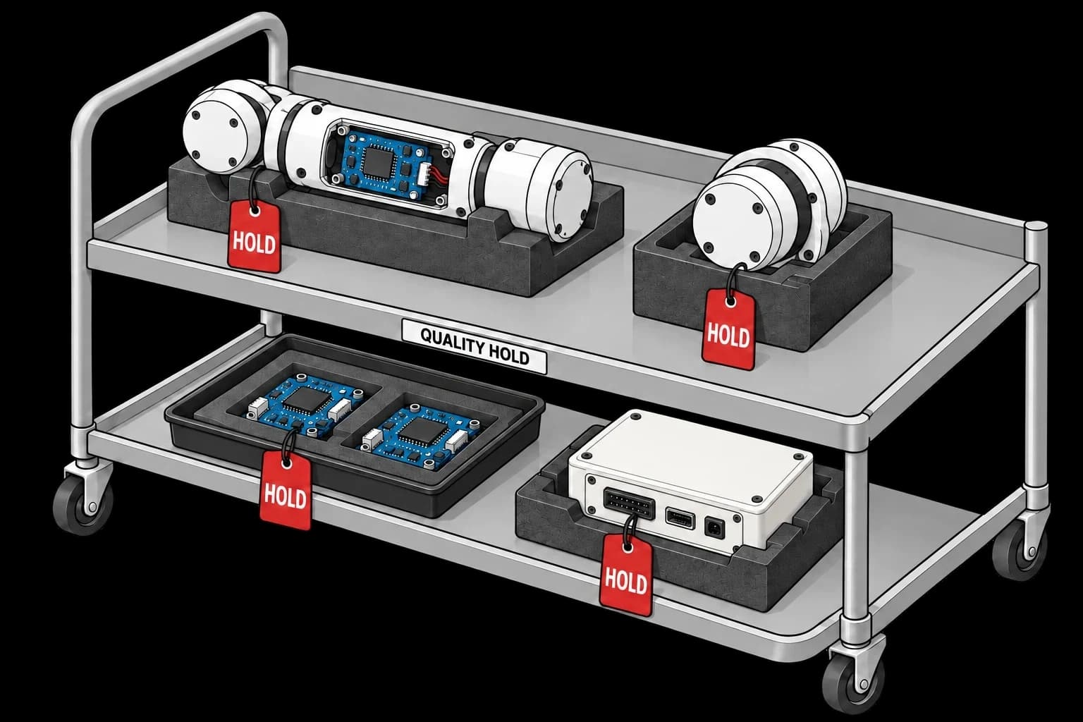 A quality hold rack for hardware awaiting investigation
