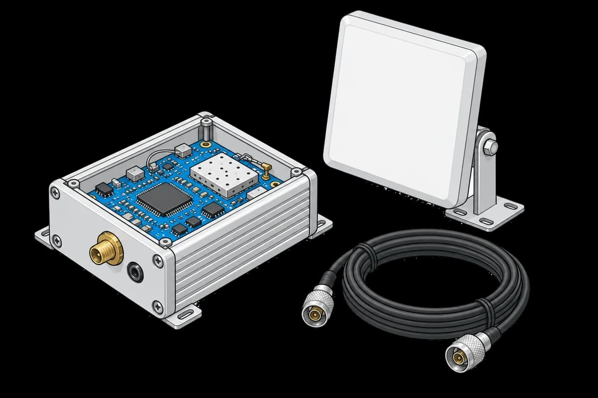 Radio circuit board in an open enclosure beside a panel antenna and coiled coaxial cable