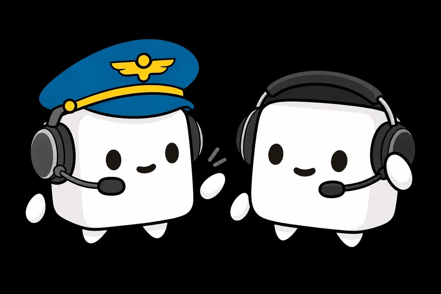 Two tofu characters wearing headsets, one wearing a pilot cap