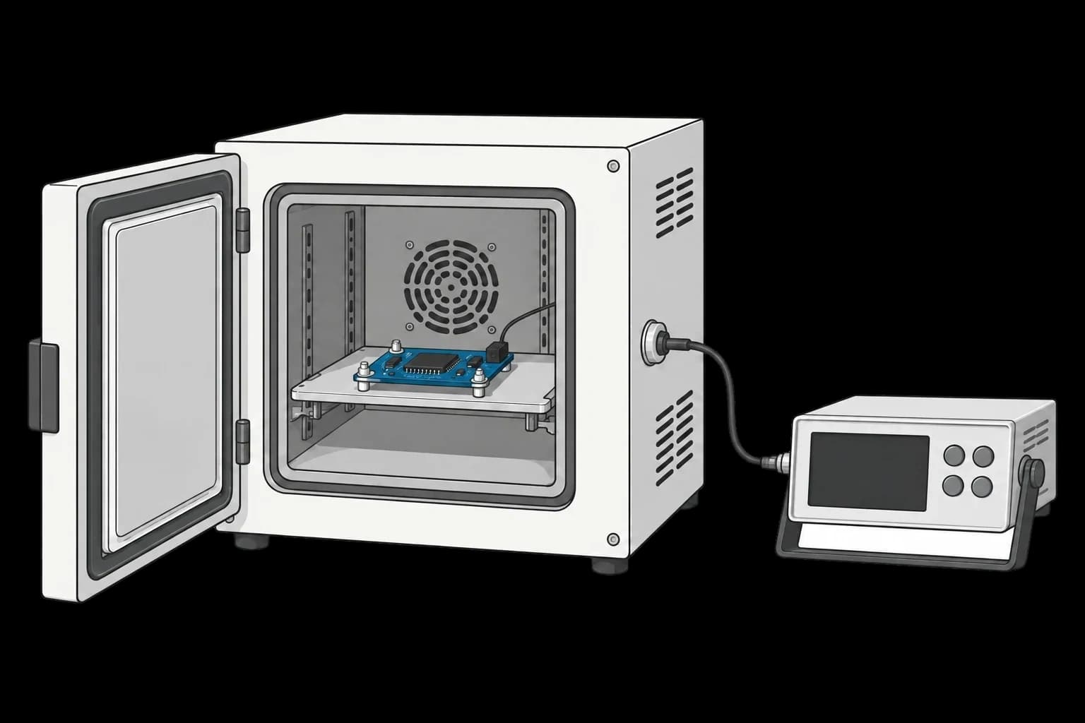A blue control board in a temperature chamber for a controlled confirmation test