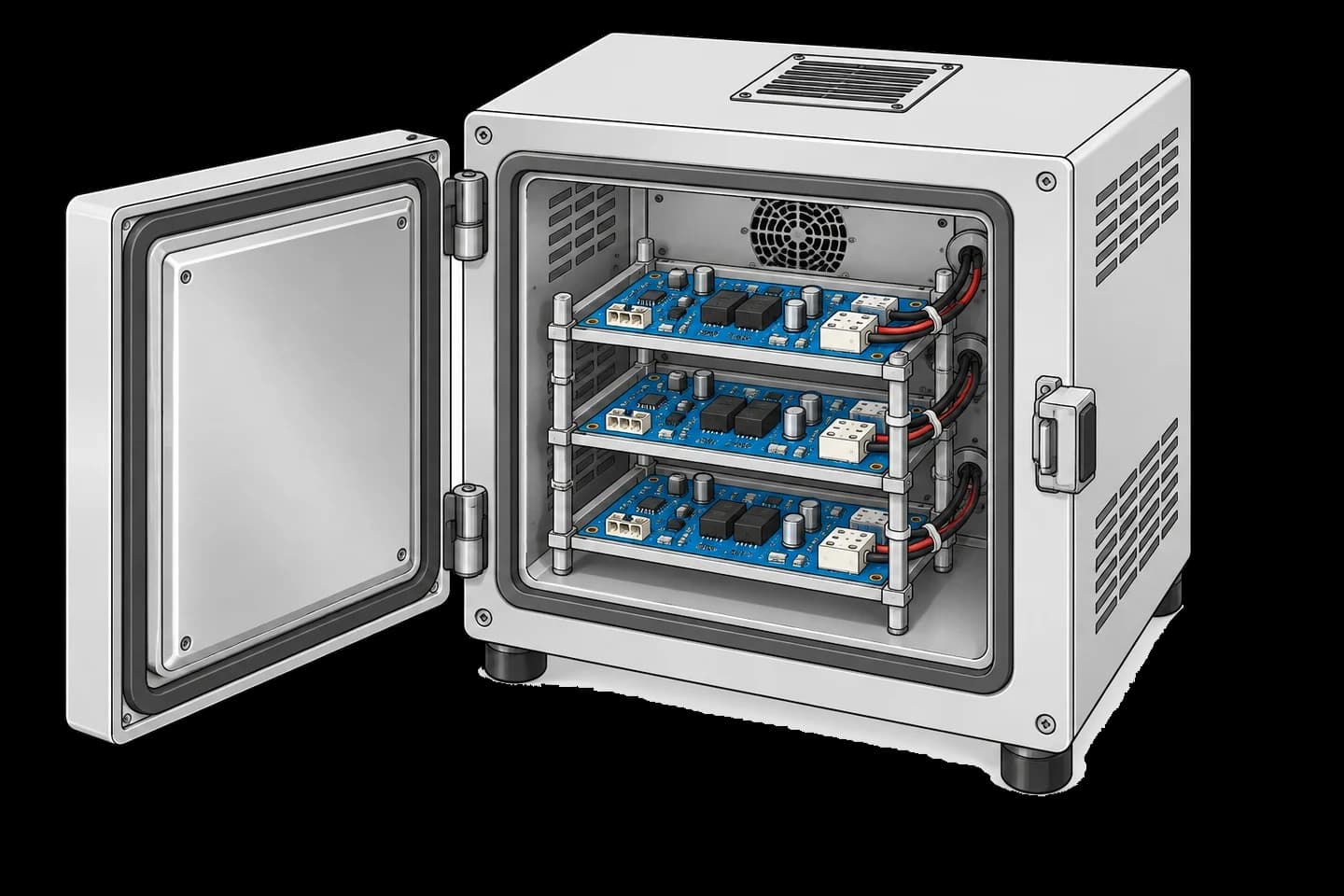 Open thermal chamber holding blue power distribution boards