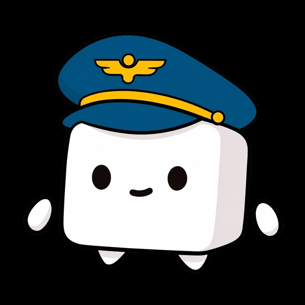 The tofu pilot with a blue cap and amber wing emblem
