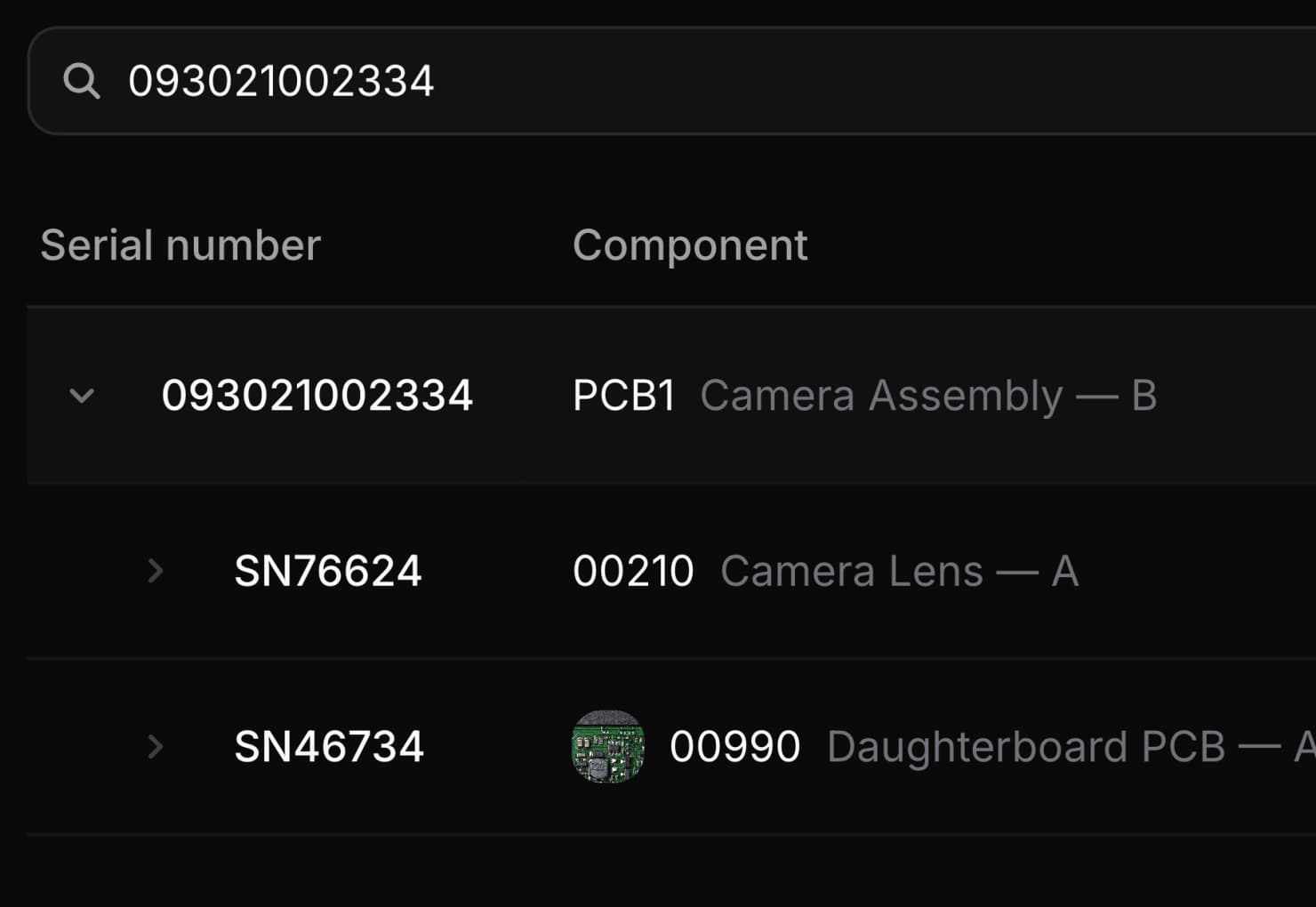 TofuPilot unit traceability view showing a parent serial number with its sub-assembly components and their serials