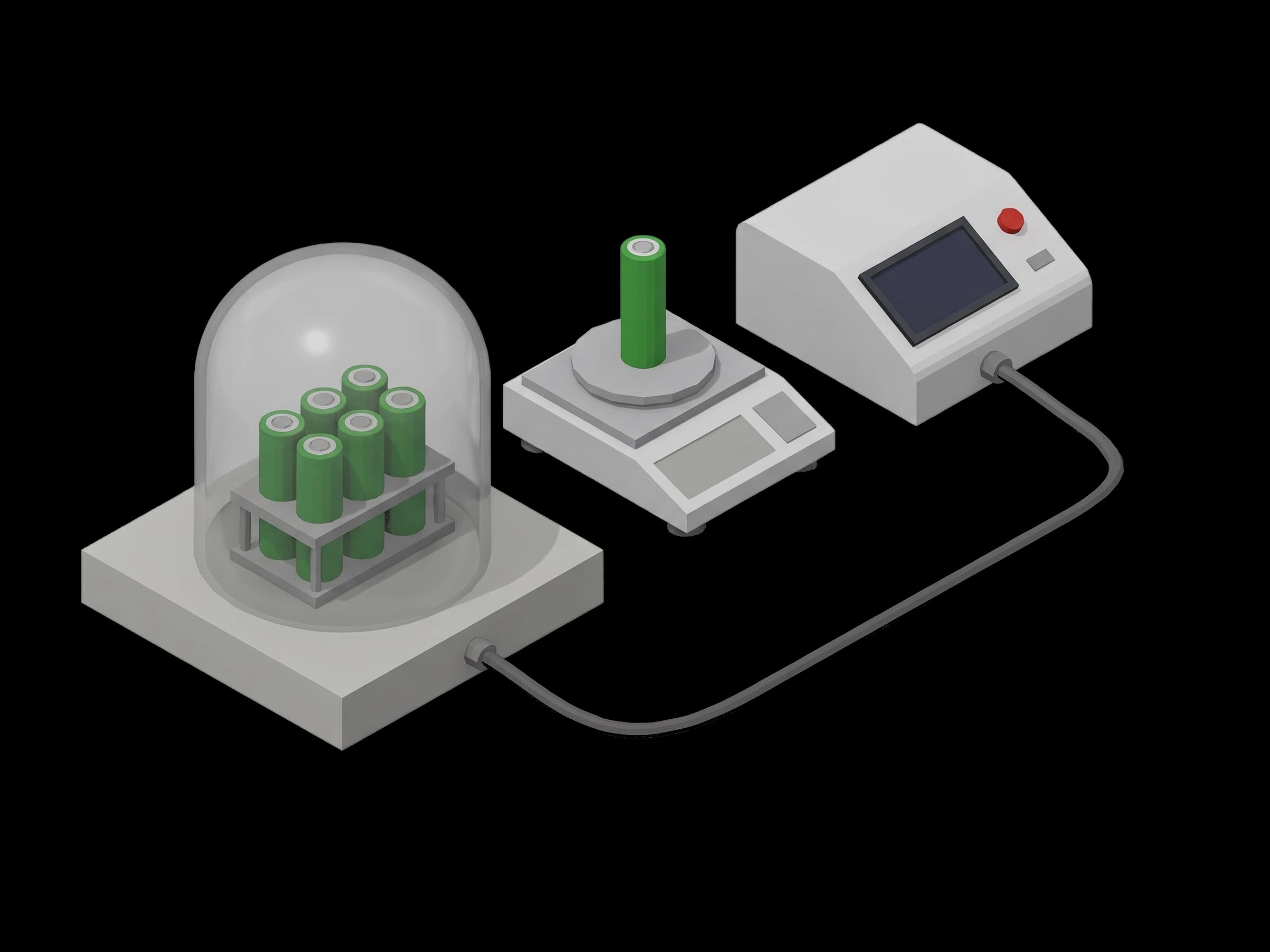 Battery cells under a clear vacuum dome connected to a tester