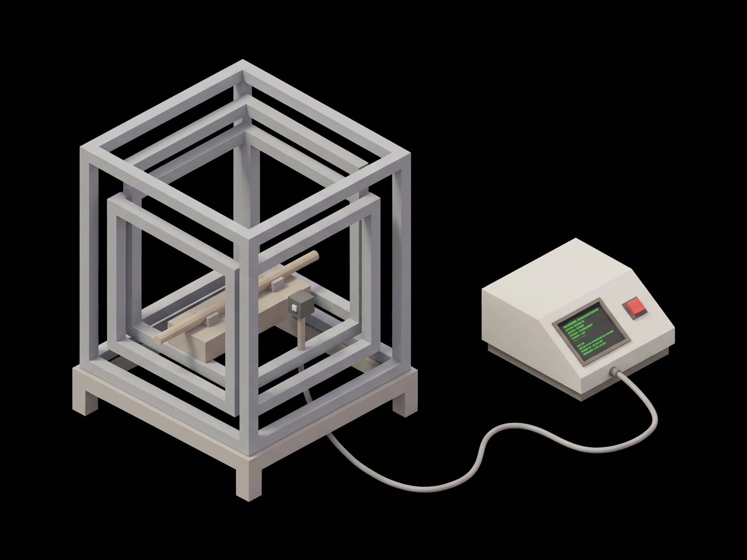 Magnetorquer test fixture inside a cubic frame connected to a controller