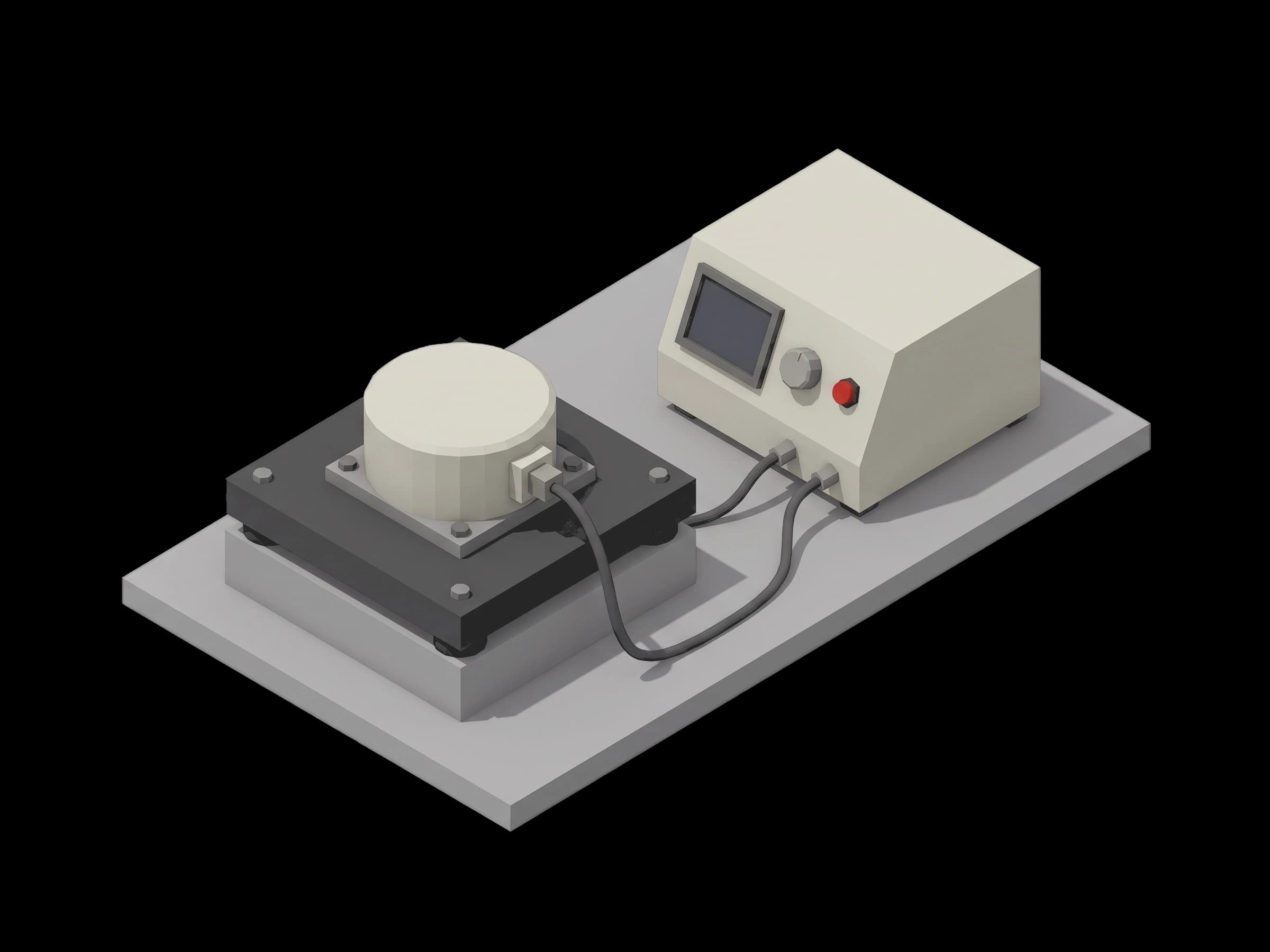 Reaction wheel mounted on a test base connected to an instrument