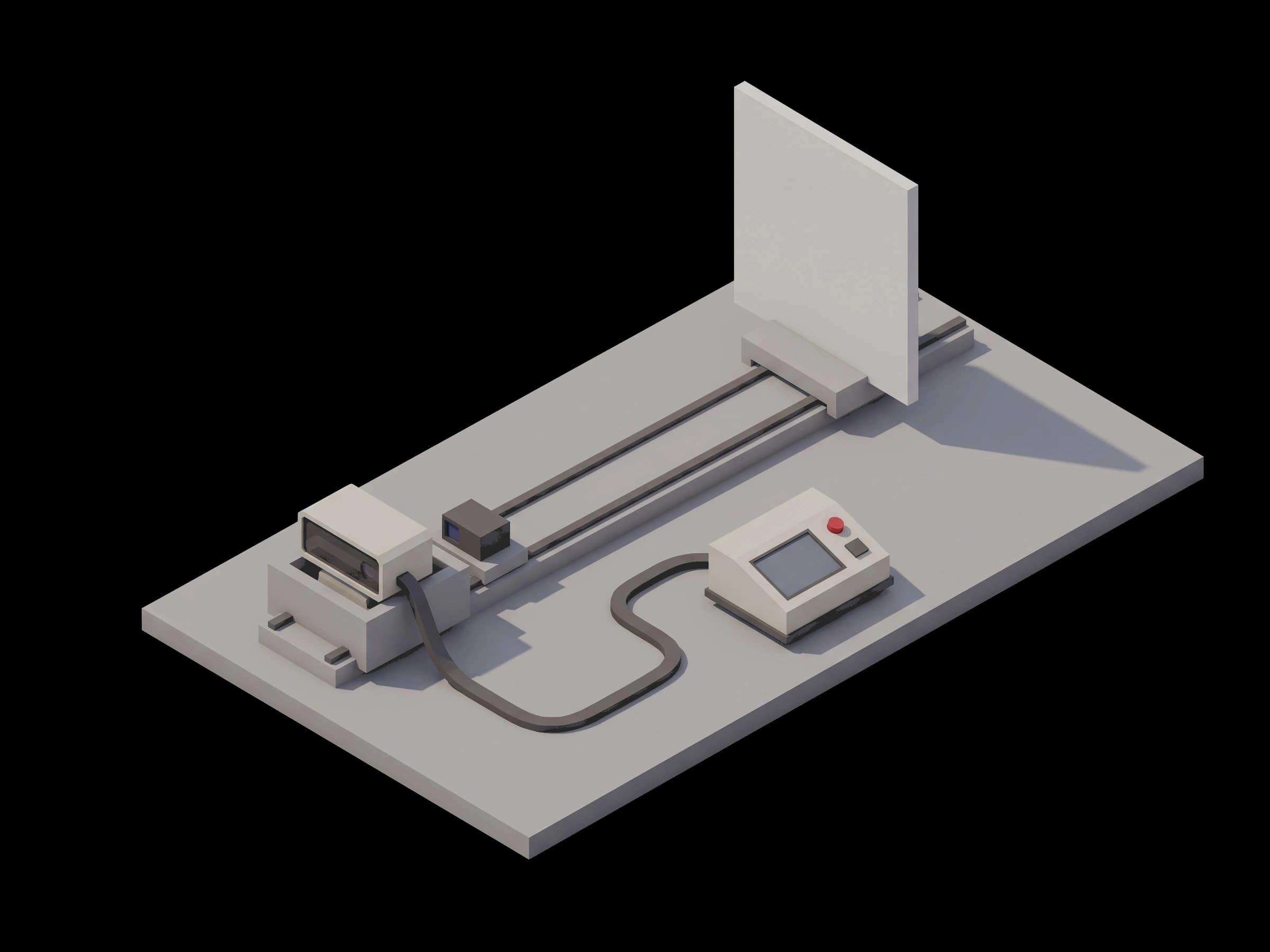 Depth camera on a linear rail facing a flat target beside a controller