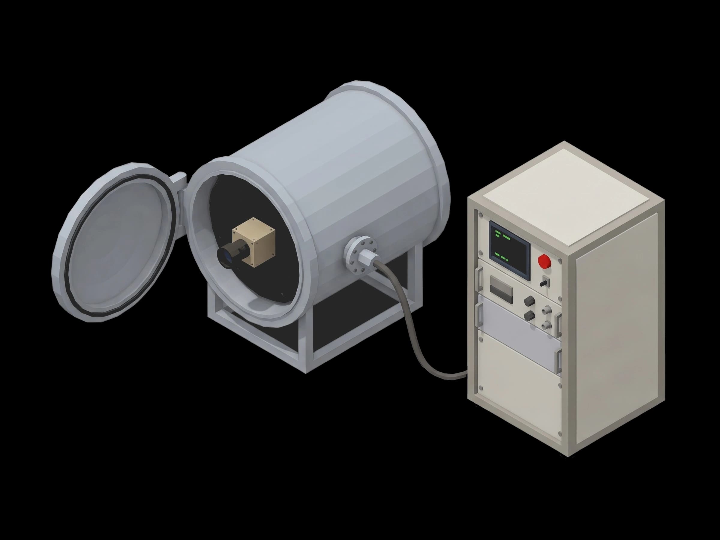 Open thermal vacuum chamber beside its control cabinet