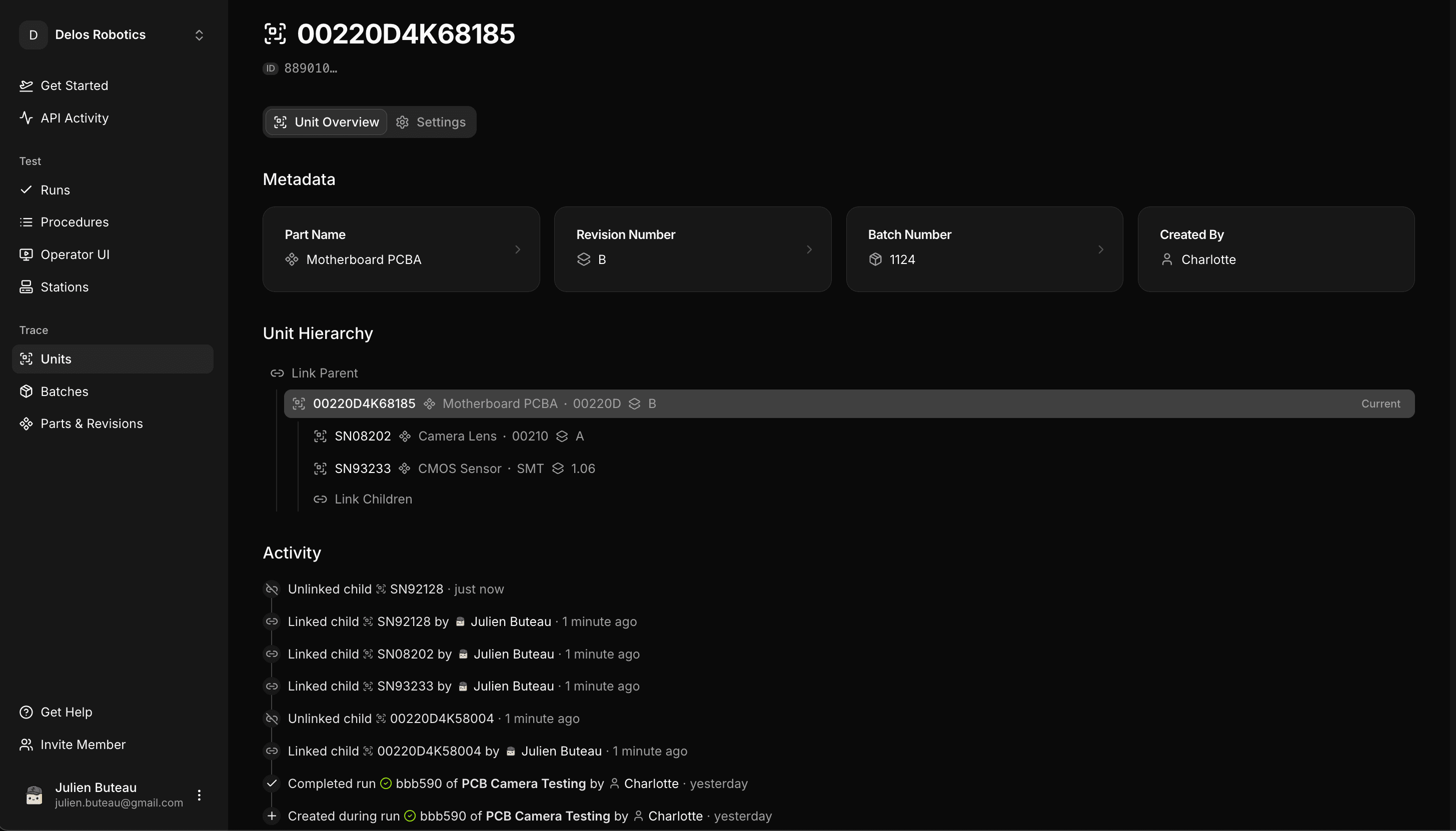 Unit traceability view