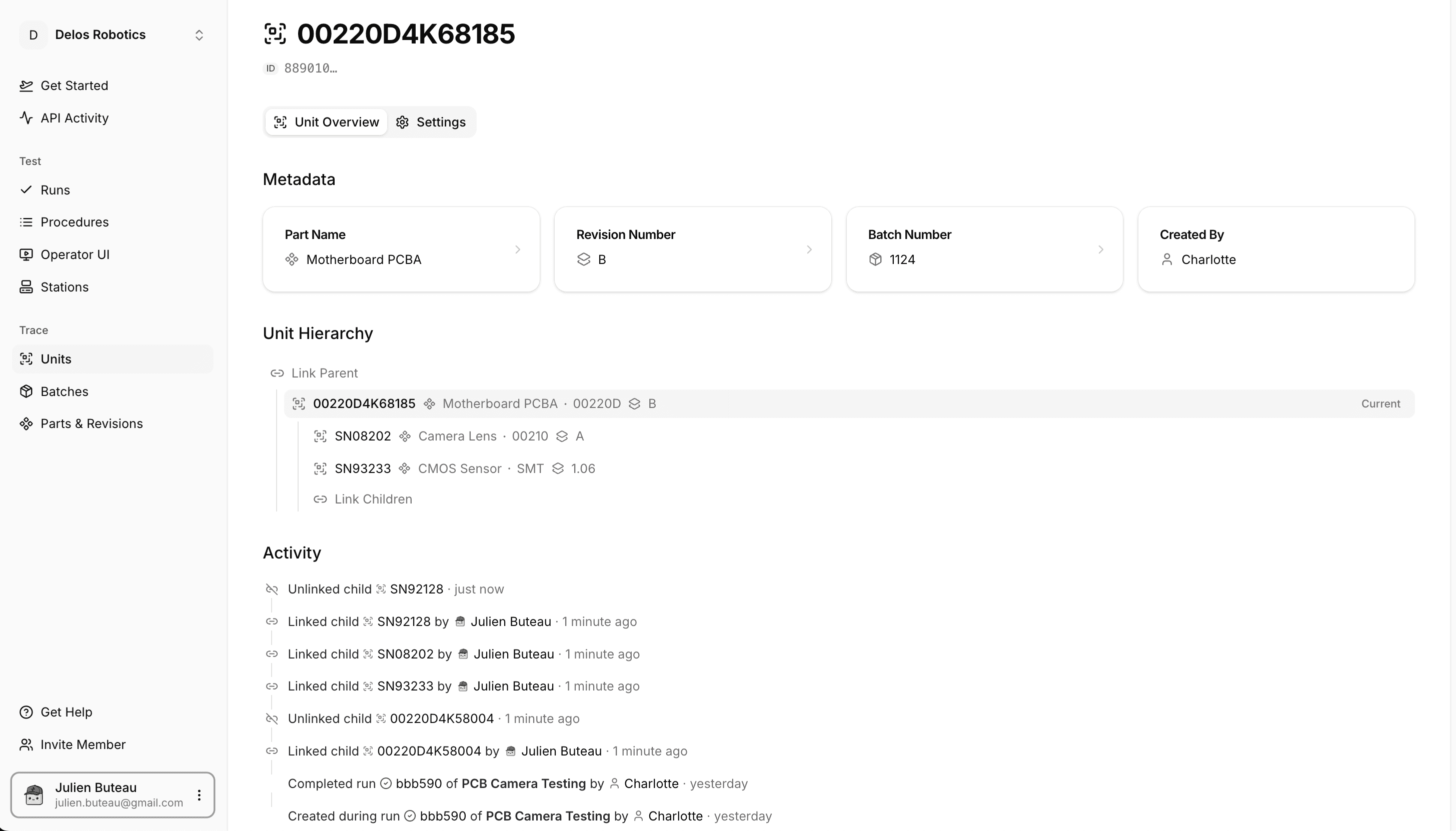 Unit traceability view