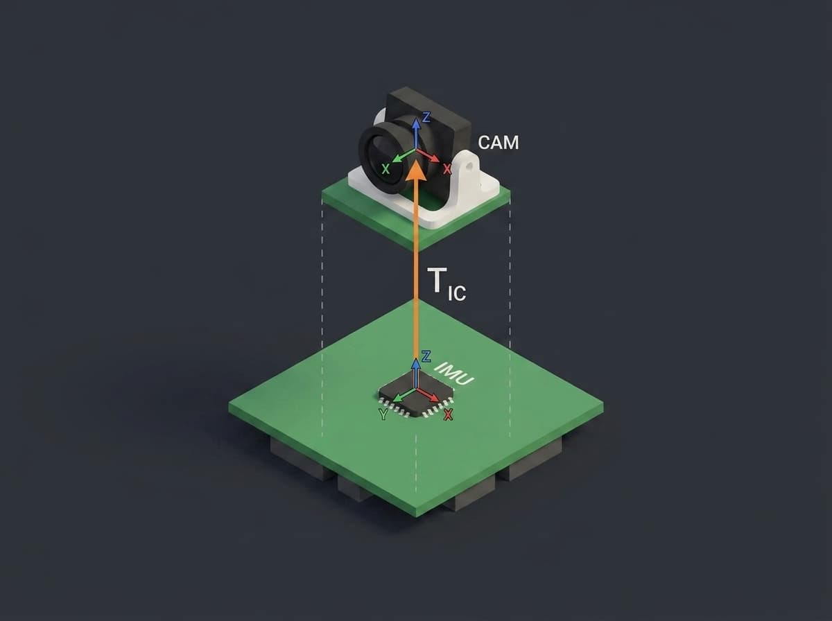 Exploded view of a drone autopilot board with the camera module lifted above it, showing the rigid transform T_IC from the IMU origin to the camera optical center with labelled axes.