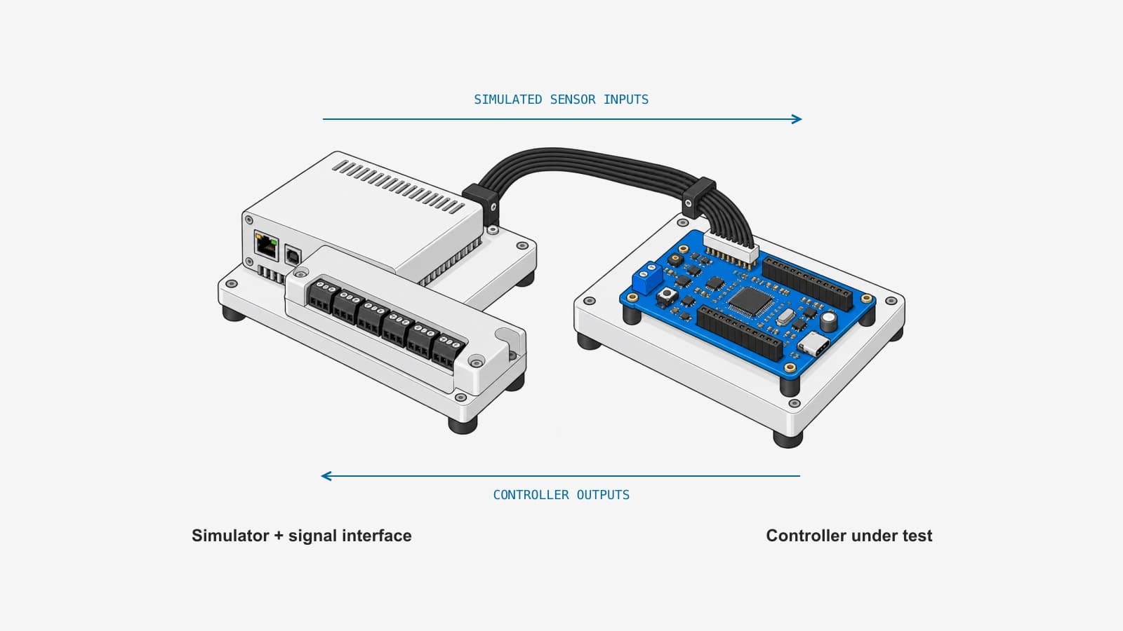 Hardware-in-the-loop setup connecting a simulator and signal interface to a real controller, with simulated sensor inputs and controller outputs.