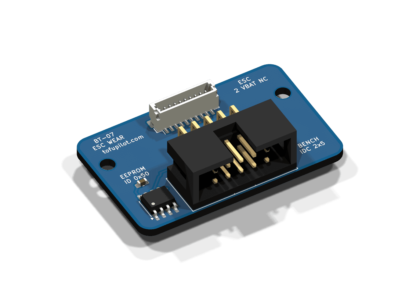 Connector saver board for a drone ESC test bench: JST SH 10-pin socket, IDC 2x5 bench header and I2C ID EEPROM