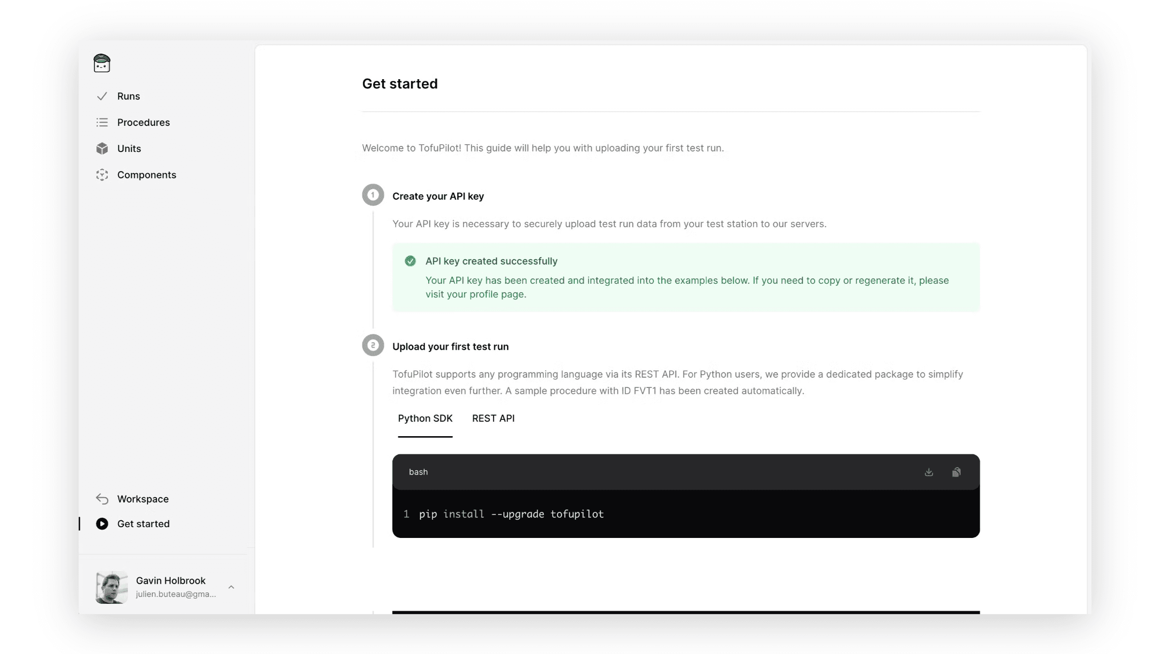 TofuPilot Get Started tab in sidebar navigation for quick onboarding and setup guides