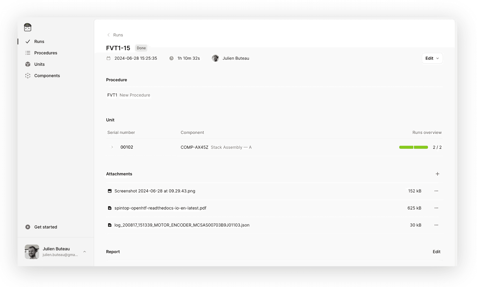 TofuPilot test run page showing file attachments panel with uploaded calibration images graphs and JSON data files