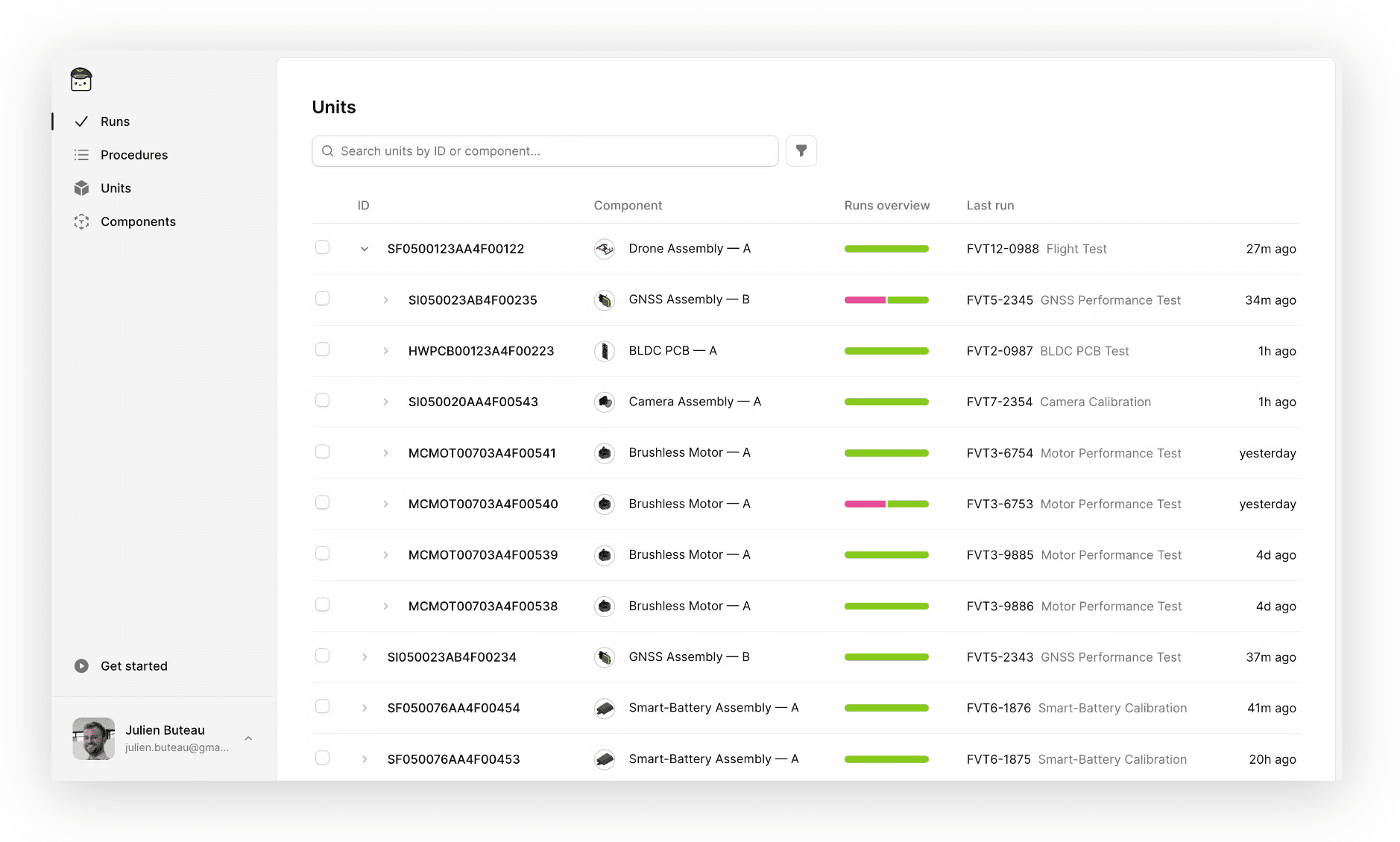 Screenshot of TofuPilot's Unit page showing units, sub-units, serial numbers, and test counts in a tree view.