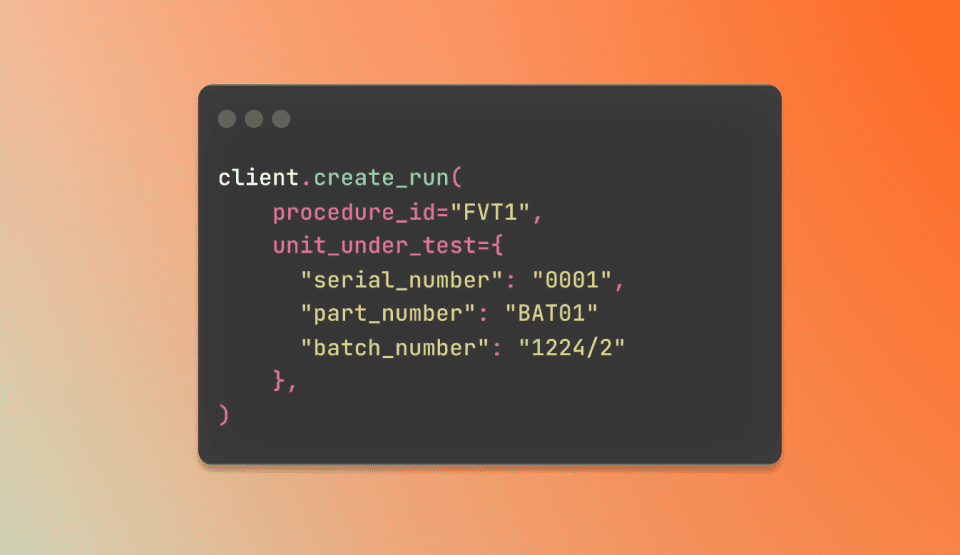 Python code showing TofuPilot API usage for tracking batch numbers with unit serial numbers for production traceability