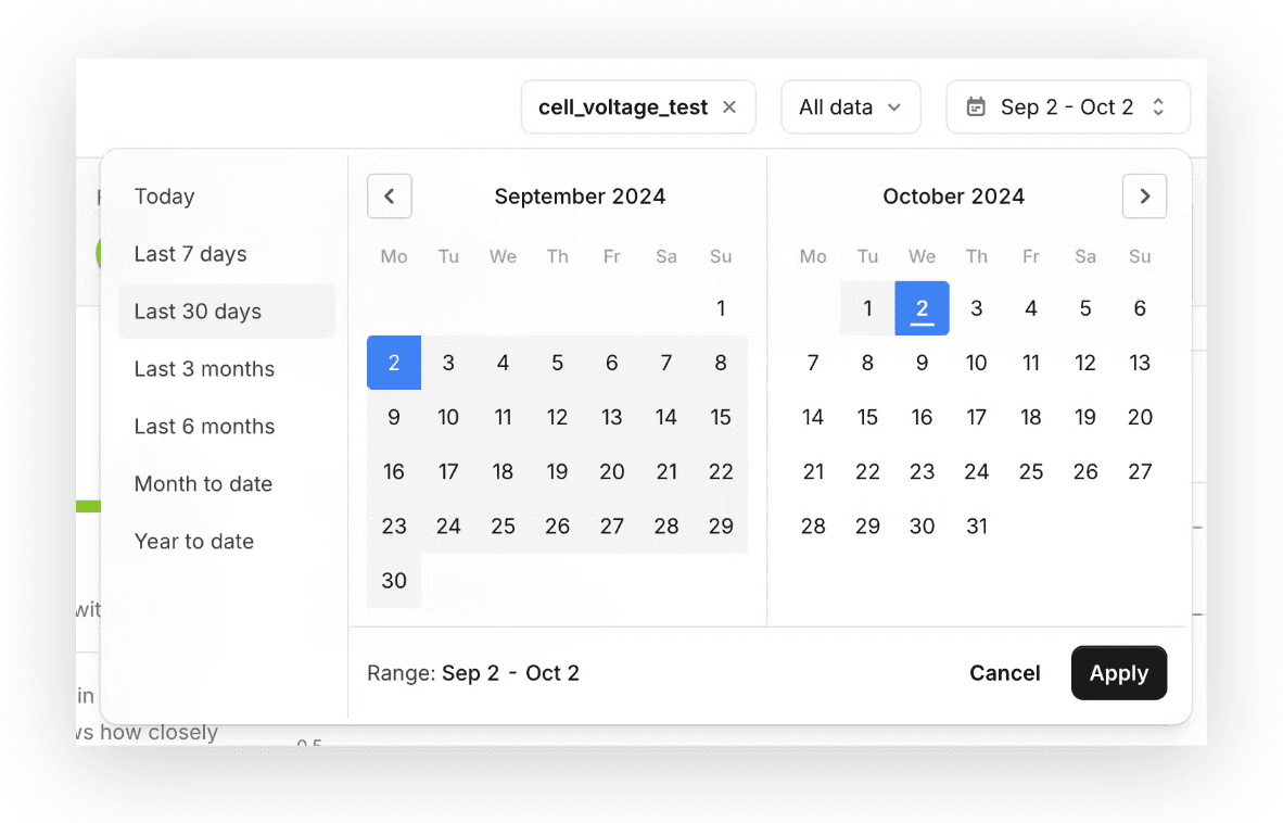 Screenshot of TofuPilot's date filter, allowing selection of test results across different time ranges.