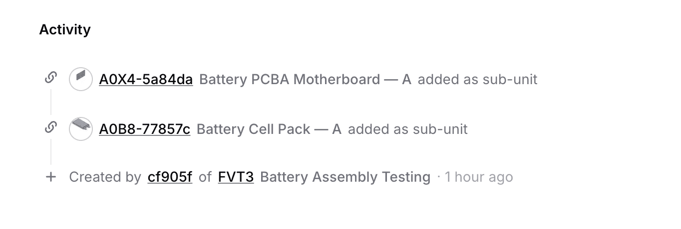 Screenshot of TofuPilot's units activity panel, displaying logged operations from test runs and API inputs.