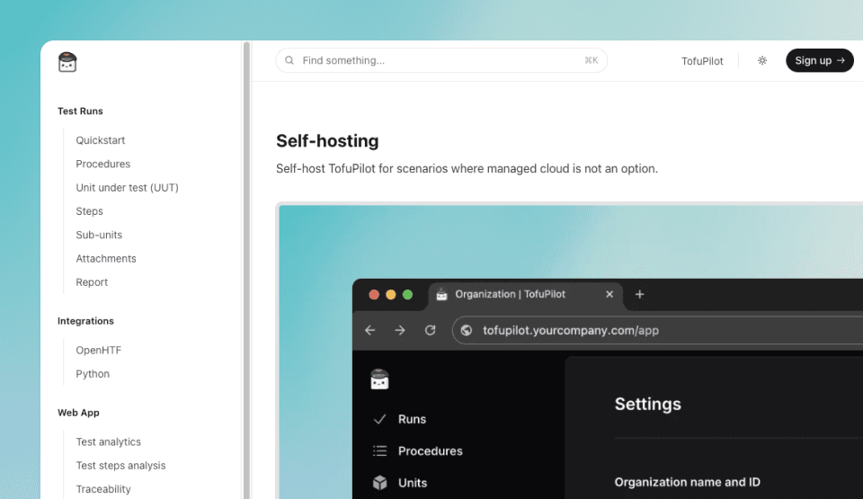 TofuPilot self-hosting documentation showing Docker deployment instructions and on-premises setup configuration guides