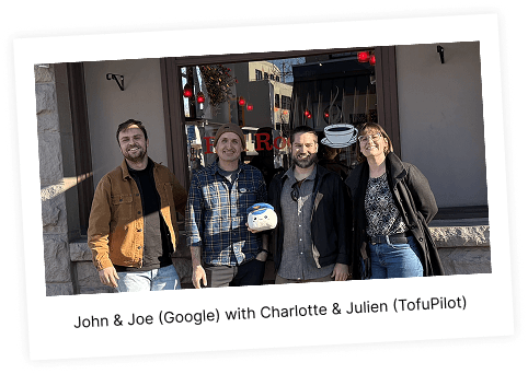 OpenHTF founders John and Joe meeting with TofuPilot founders Charlotte and Julien at Google campus in Mountain View